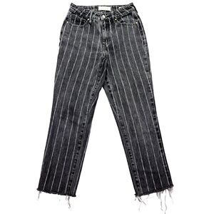 Pacsun Striped Mom Jeans Women's Sz 24 (Fits 24")‎  Black Denim Raw Hem Grunge